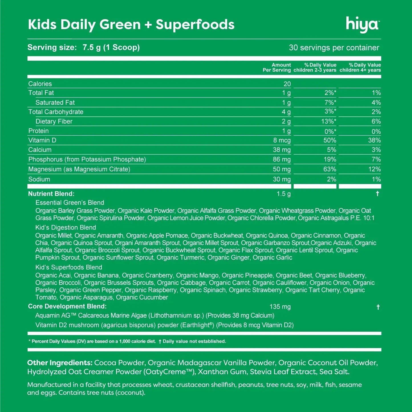 Hiya Kids Daily Greens + Superfoods – Sugar-Free, 55 Whole-Food Ingredients, Chocolate Drink, Daily Clean Nutrition for Kids, No Gummies