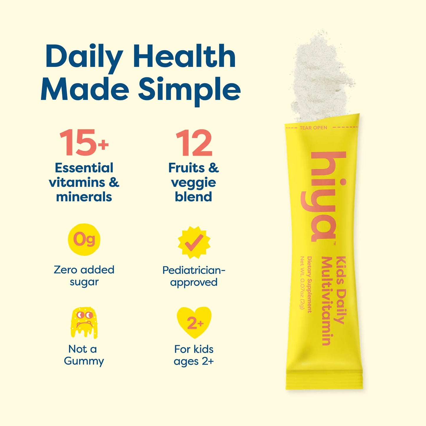 Hiya Kids Daily Multivitamin Sticks – Sugar-Free Vitamins for Kids, 15+ Essential Nutrients, No Gummies or Artificial Junk