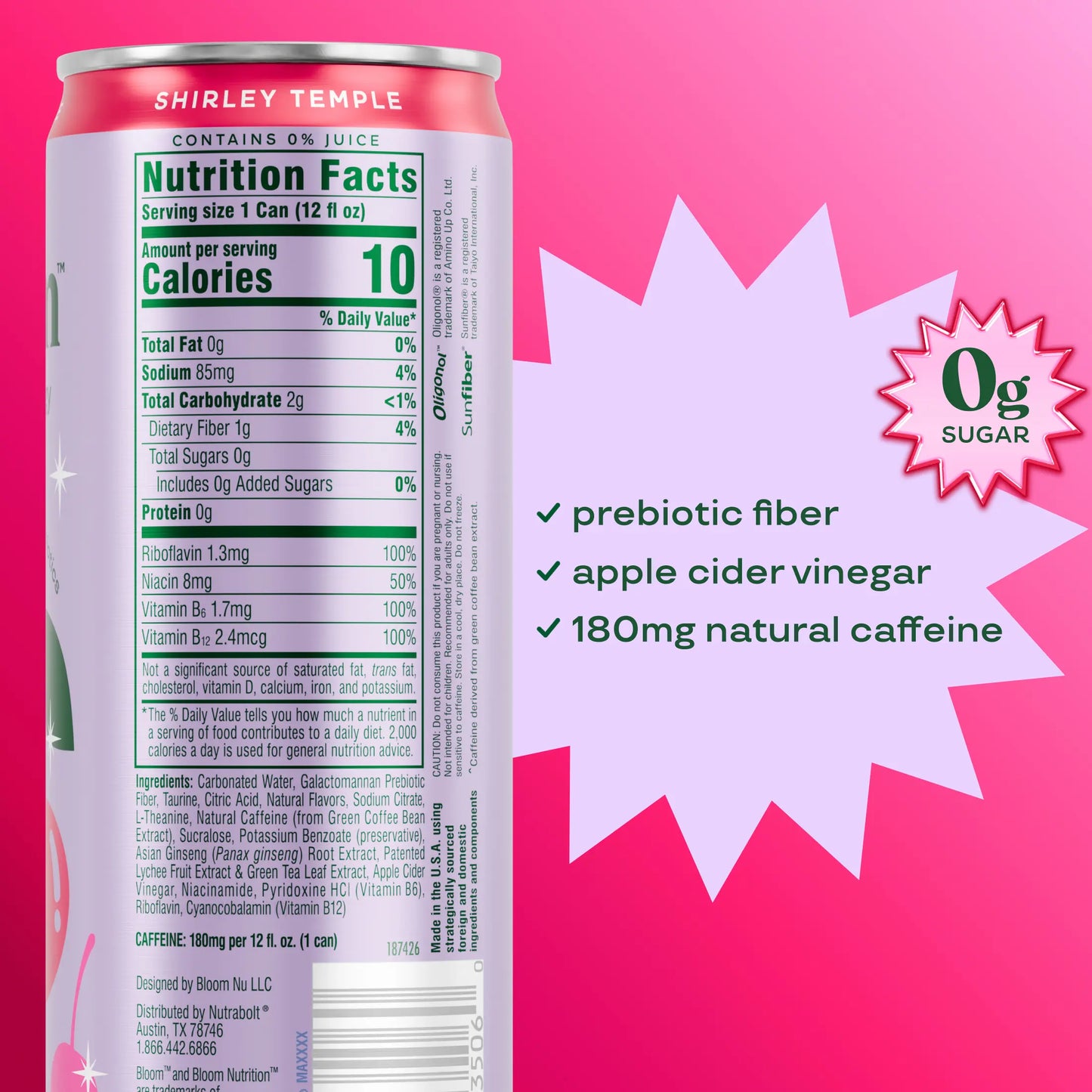 NEW - Bloom Sparkling Energy Drink - Shirley Temple - Natural Caffeine, Zero Sugar, 180Mg Caffeine - Antioxidant-Rich with Green Coffee Bean, Green Tea Extract, Prebiotics, 12Oz 12 Pack