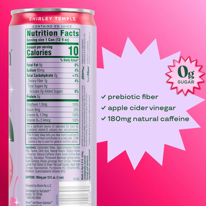 NEW - Bloom Sparkling Energy Drink - Shirley Temple - Natural Caffeine, Zero Sugar, 180Mg Caffeine - Antioxidant-Rich with Green Coffee Bean, Green Tea Extract, Prebiotics, 12Oz 12 Pack