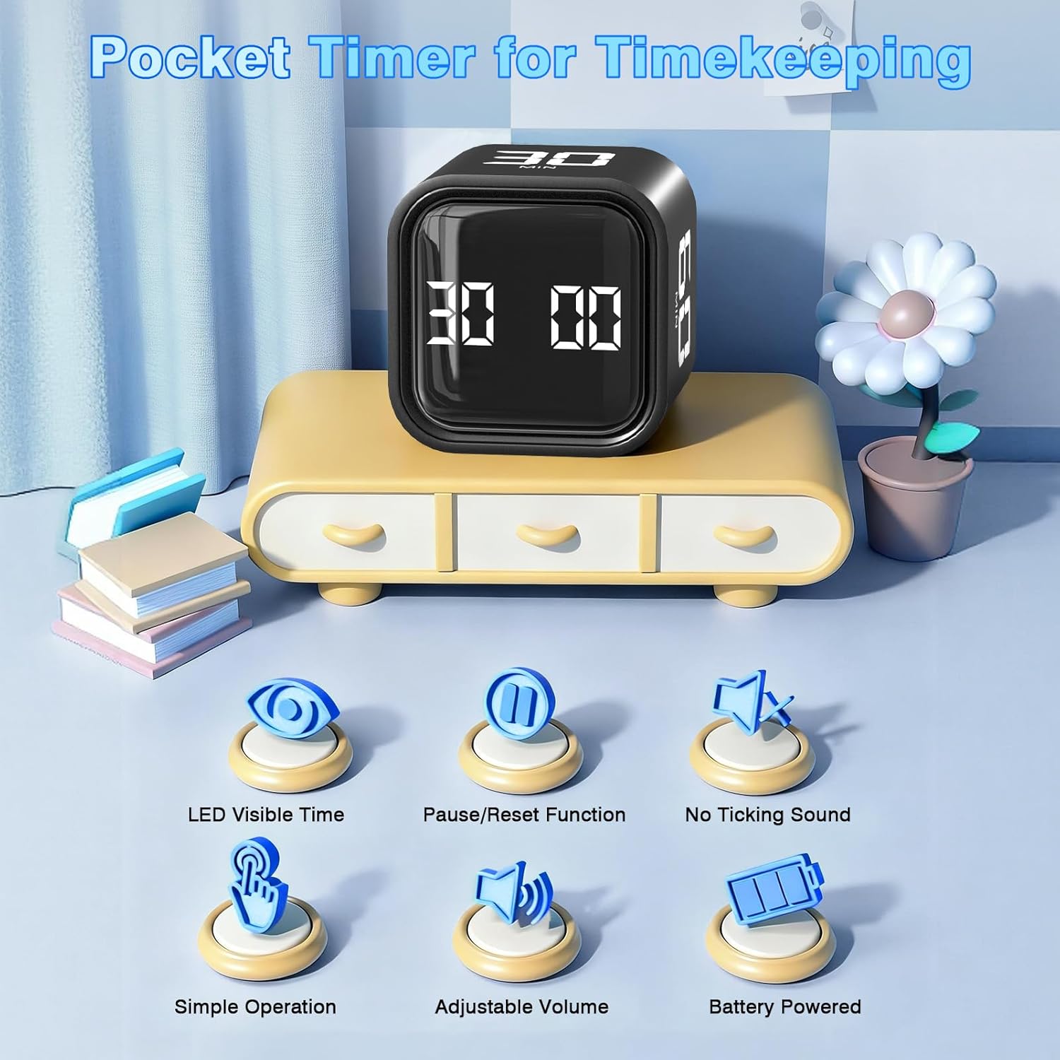 Adjustable Silent Cube Pomodoro Timer - Boost Productivity with Custom Countdown for Study, Work, and Kitchen Tasks