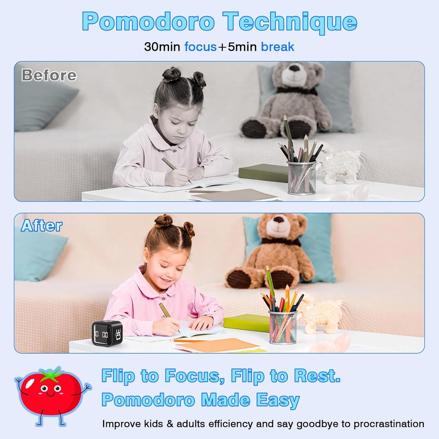 Adjustable Silent Cube Pomodoro Timer - Boost Productivity with Custom Countdown for Study, Work, and Kitchen Tasks