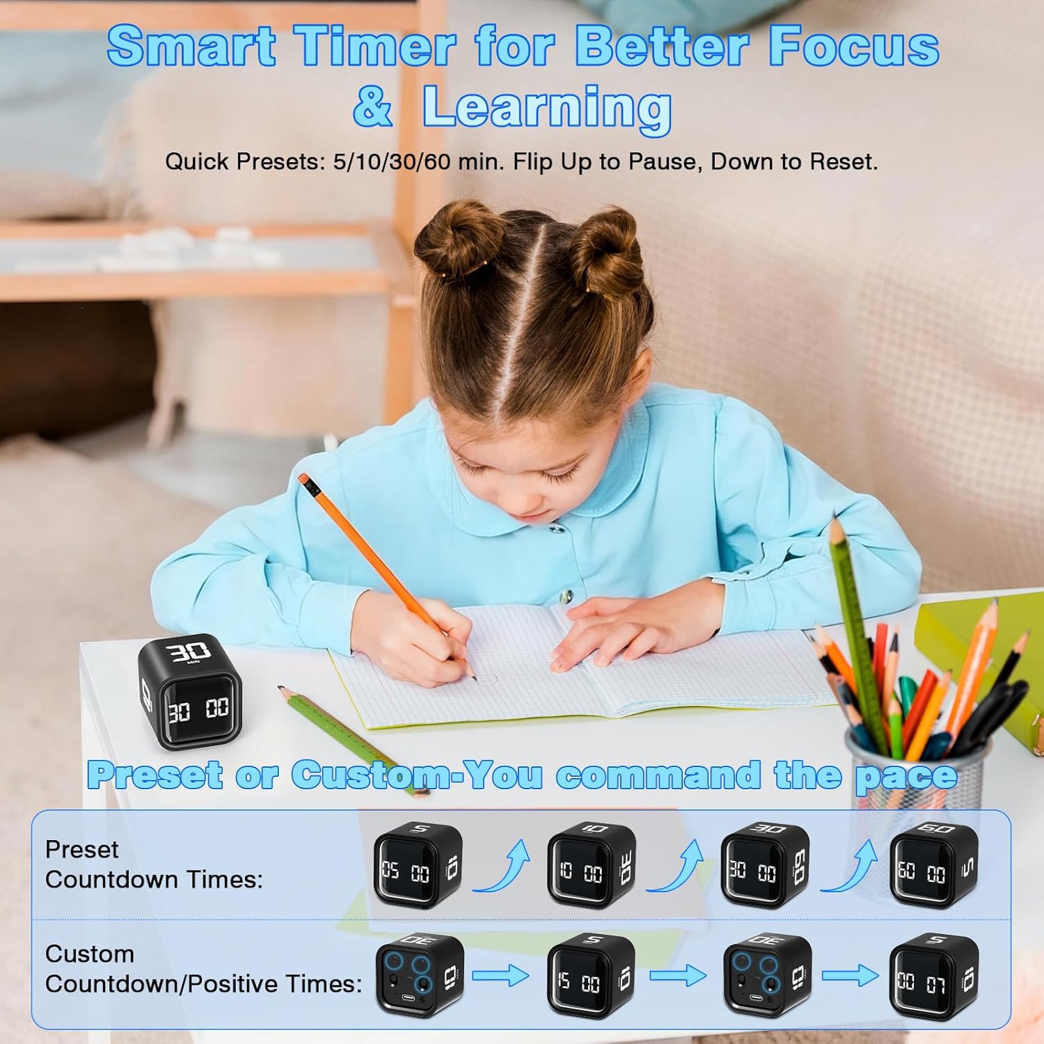 Adjustable Silent Cube Pomodoro Timer - Boost Productivity with Custom Countdown for Study, Work, and Kitchen Tasks