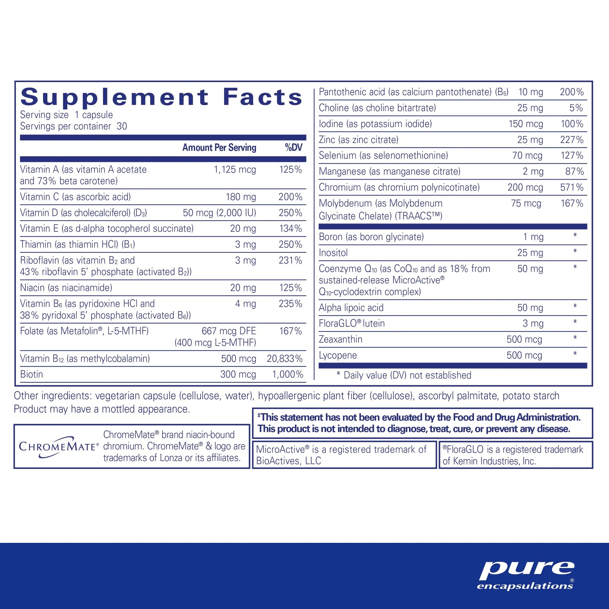 Pure Encapsulations O.N.E. Multivitamin – 30 Capsules | Once-Daily Formula with Metafolin, Coq10 & Lutein Vision & Cellular Support