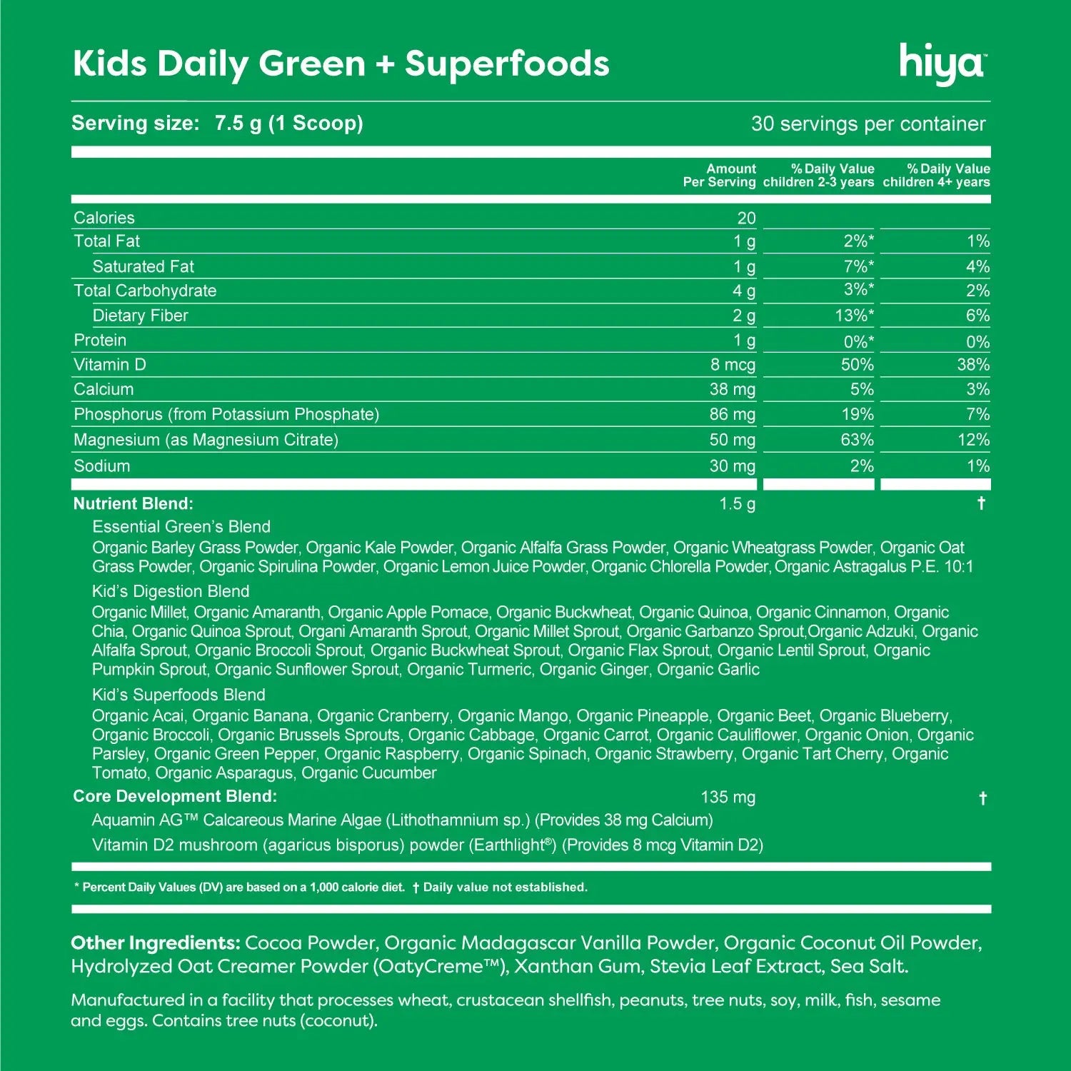 Hiya Kids Daily Greens + Superfoods – Sugar-Free, 55 Whole-Food Ingredients, Chocolate Drink, Daily Clean Nutrition for Kids, No Gummies