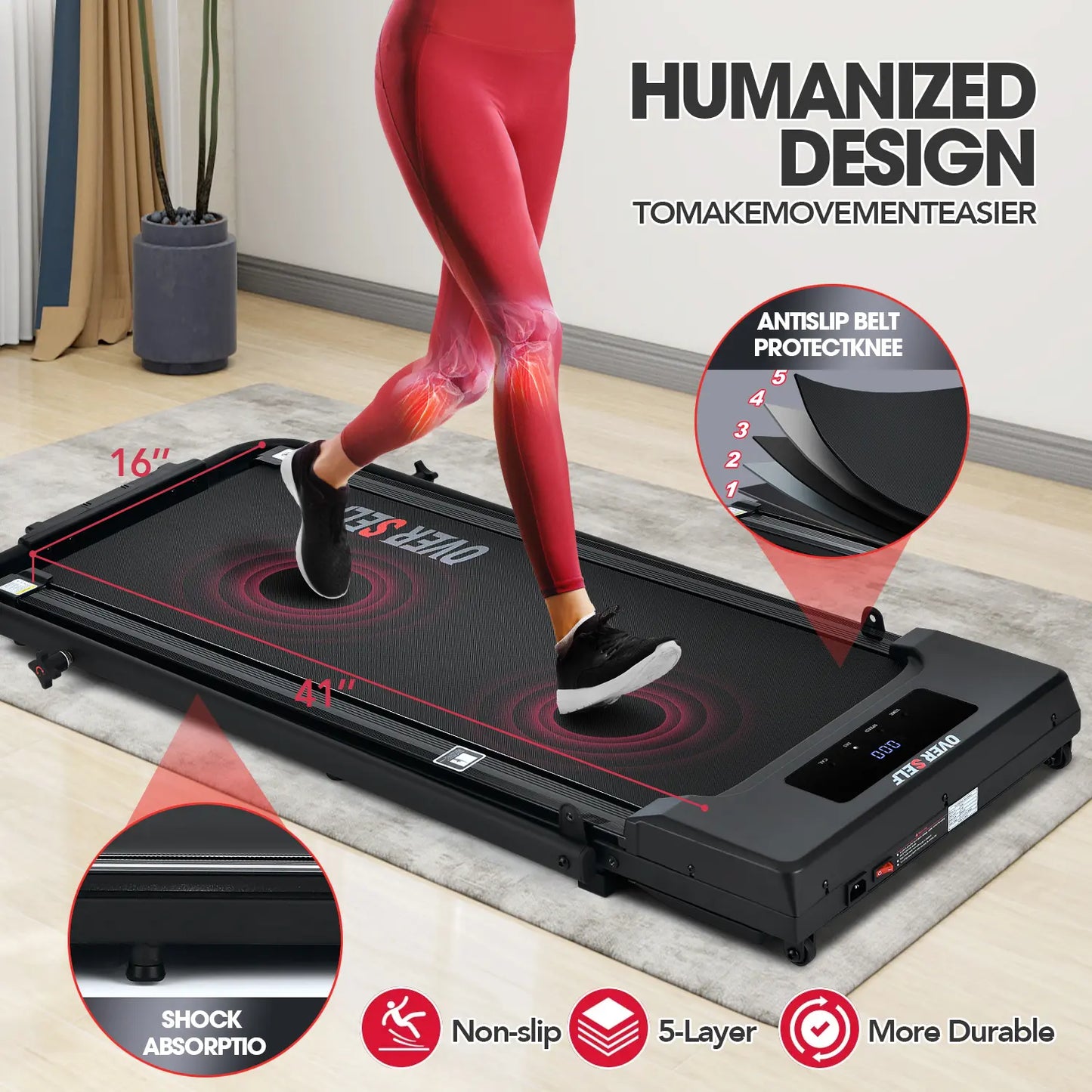 OVER SELF Folding Treadmill with Handrail, Walking Mat Treadmill Portable Treadmill for Easy Moving, Quiet Design for Home and Office Walking Pad Treadmill with LED Display for Walking and Jogging